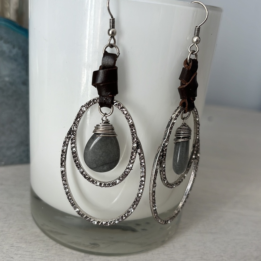Boho handmade labradorite, leather and crystal chandelier earrings. NWOT